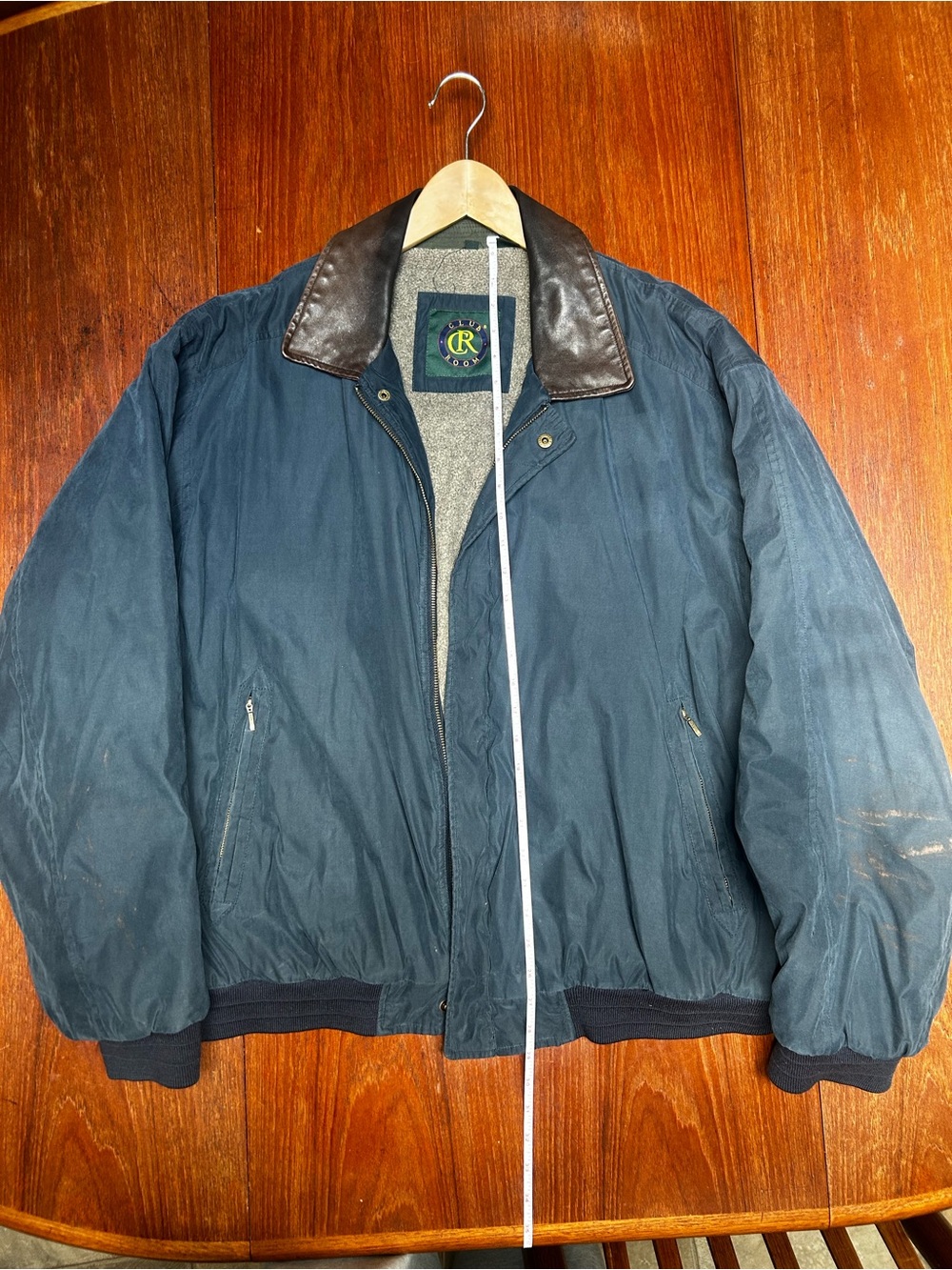 Club Room Navy Bomber Jacket with Brown Leather Collar